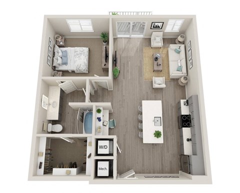 Floor plan for 1 bed, 1 bath, 870 sqft